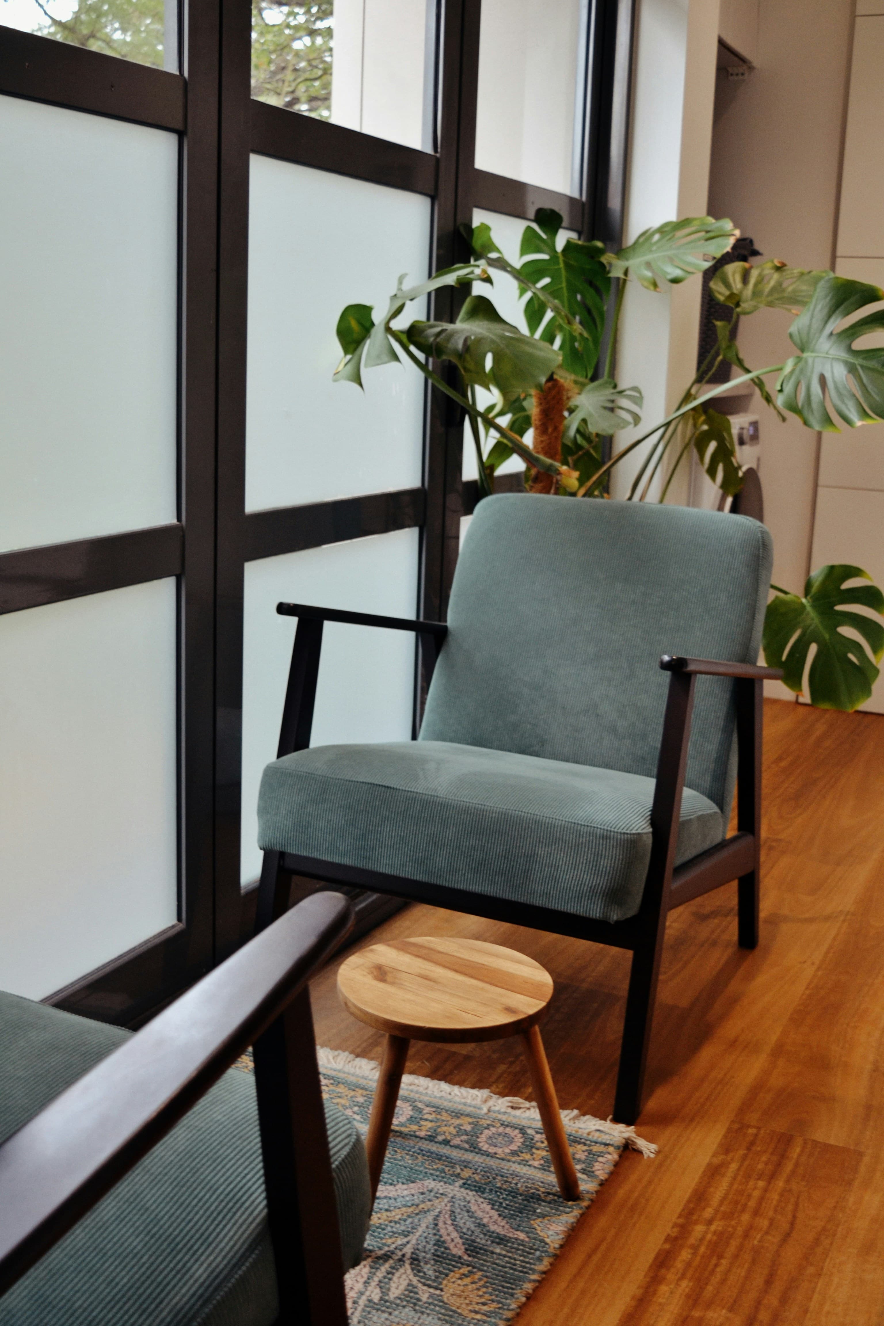 A comfortable therapy room with a cosy armchair and greenery